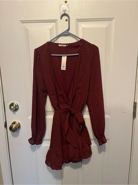 Francesca's Collections Maroon Long Sleeve Wrap Dress